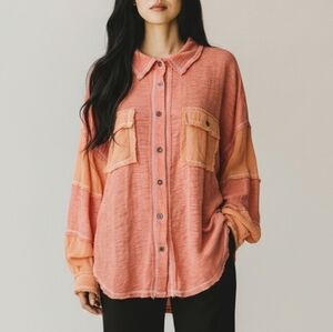 NEW POL button up shirt peach gauzy Knit Patchwork